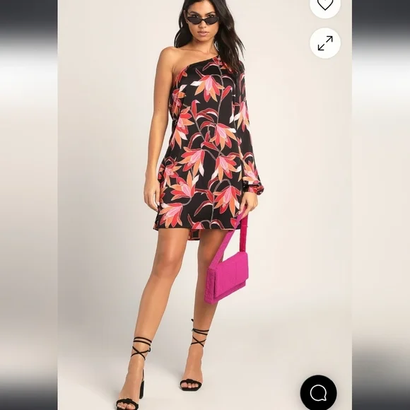 NWT Lulus Bahamas Beauty Black Tropical Print Satin One-Shoulder Dress Medium - Picture 3 of 9